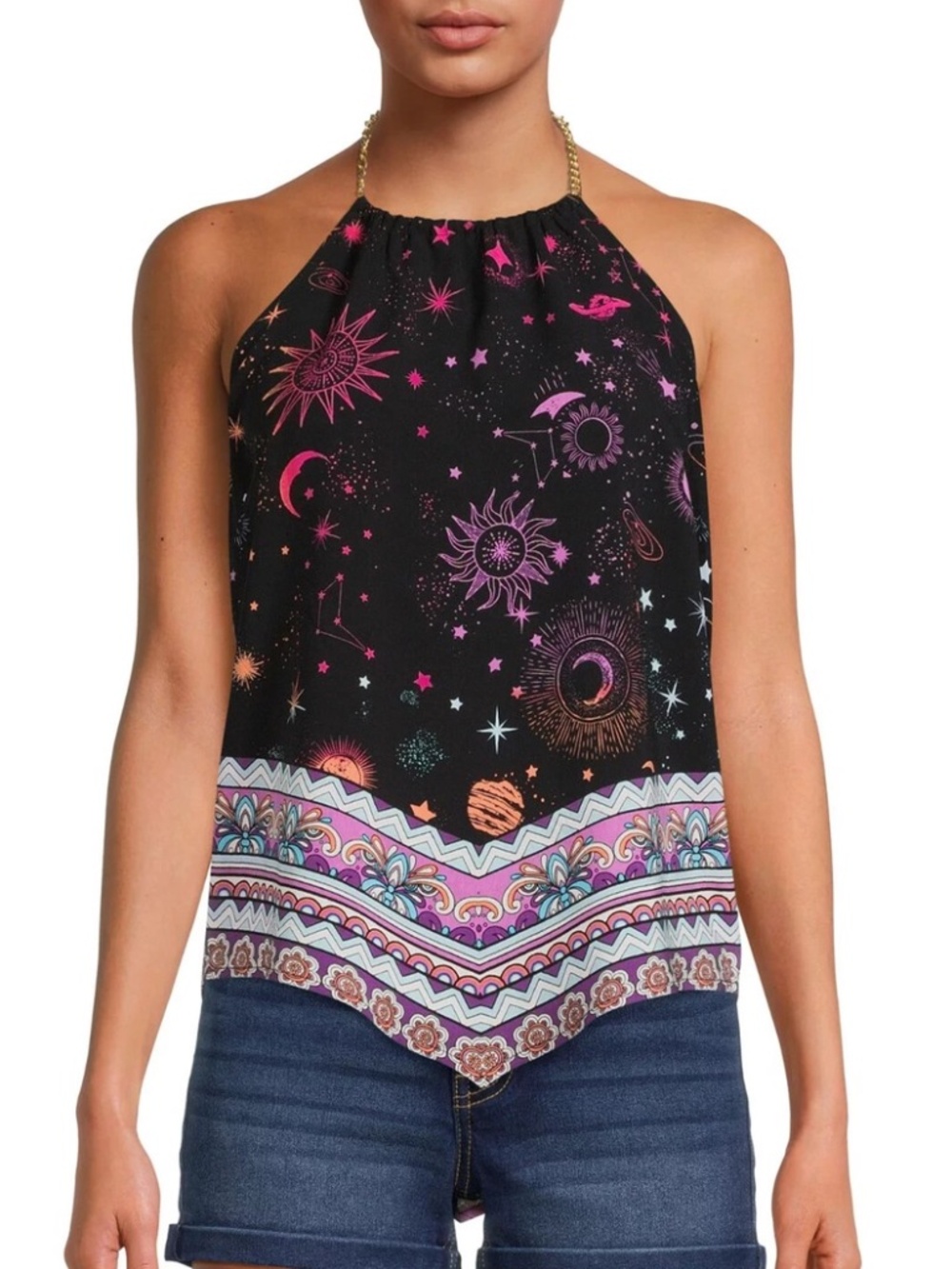 No Boundaries Juniors' Chain Halter Top Celestial, L